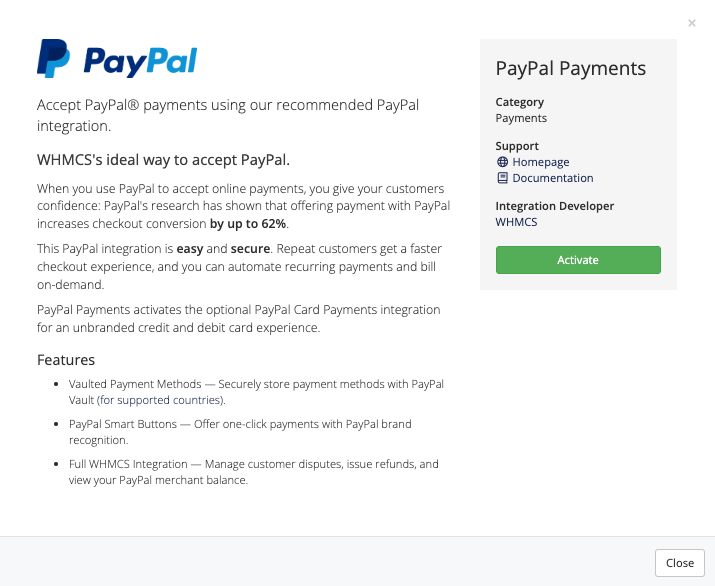 Activating the PayPal Payments module.