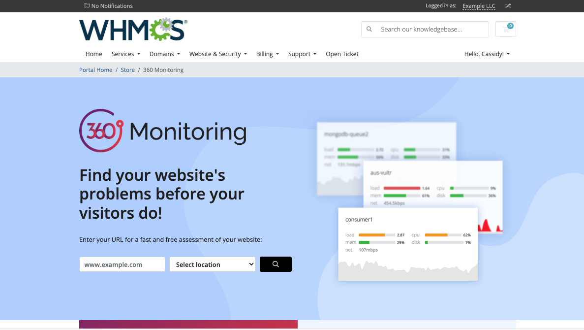 The 360 Monitoring landing page in the Client Area