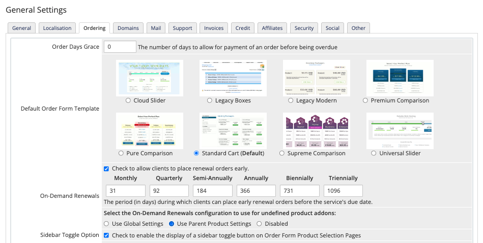 Global on-demand renewal settings in General Settings