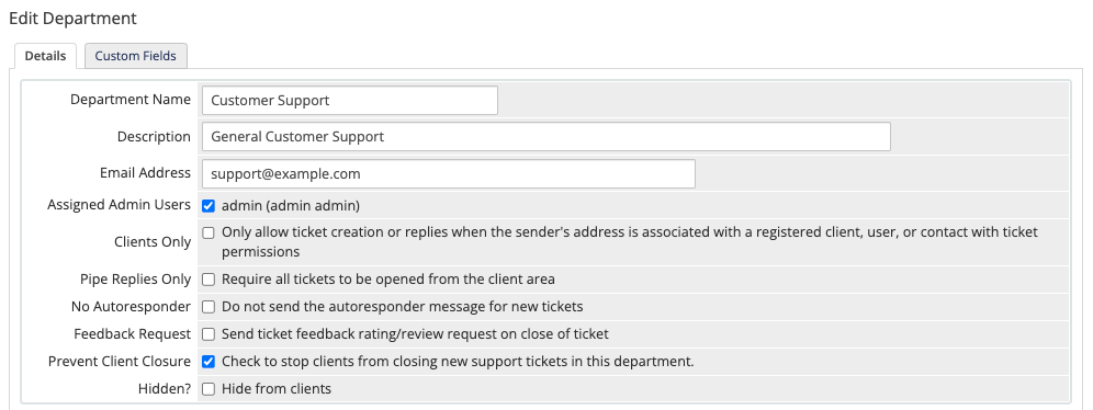 The Prevent Client Closure option for a support department.