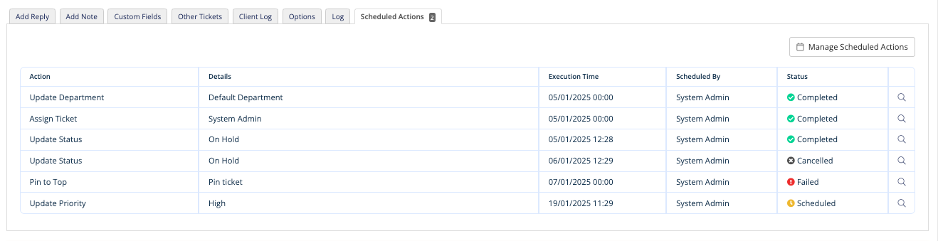The Scheduled Actions tab with scheduled actions