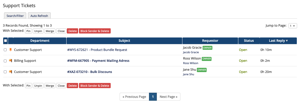 The list of Support Tickets in the Admin Area